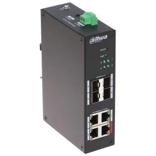 Czarny switch PoE Dahua z czterema portami Ethernet i czterema portami SFP, posiadający zielony terminal zasilania na górze. Na przednim panelu znajdują się diody LED sygnalizujące status zasilania i połączeń.