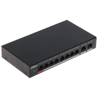 Czarny, prostokątny switch sieciowy Dahua z ośmioma portami Ethernet i dwoma portami uplink. Na przednim panelu znajdują się diody LED sygnalizujące status połączeń.