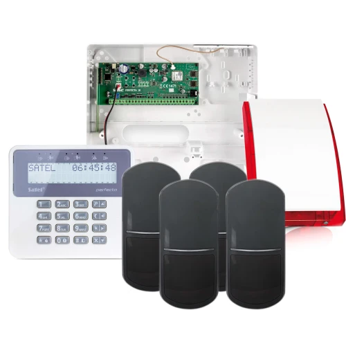 Na zdjęciu znajduje się zestaw systemu alarmowego, w skład którego wchodzą klawiatura z wyświetlaczem, cztery czarne czujniki ruchu oraz biało-czerwona syrena. W tle widoczna jest otwarta obudowa centrali alarmowej z widocznymi elementami elektronicznymi.