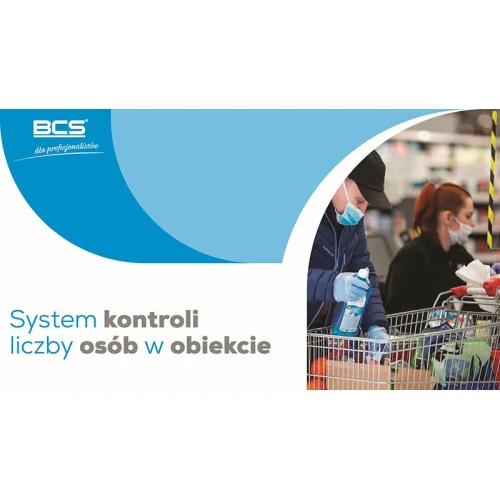 System kontroli dostępu BCS z kamerą i ekranem do liczenia osób. Urządzenie zamontowane na ścianie w pomieszczeniu.