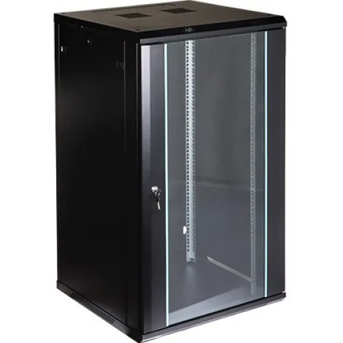 Czarna, wisząca szafa rack z przeszklonymi drzwiami i zamkiem na klucz. Wnętrze szafy wyposażone jest w pionowe szyny montażowe.