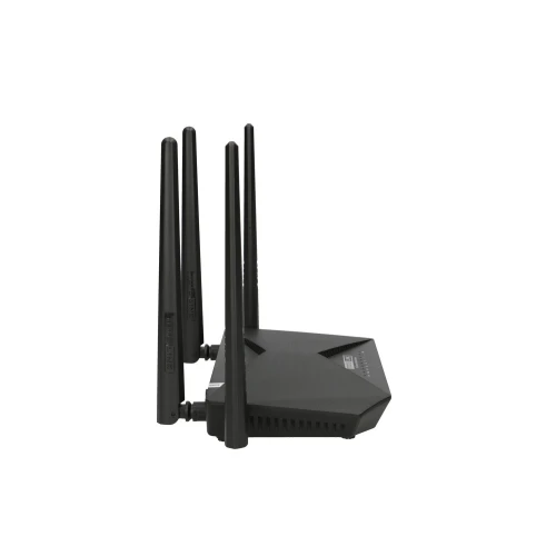 Czarny router Totolink z czterema pionowymi antenami widoczny z boku. Urządzenie ma nowoczesny design z wyraźnie zaznaczonymi krawędziami.