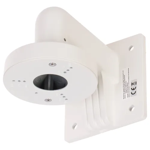 Biały uchwyt kamery Hikvision DS-1272ZJ-110-TRS z widocznymi otworami montażowymi i oznaczeniami CE. Uchwyt ma prostokątną podstawę z zaokrąglonym ramieniem.