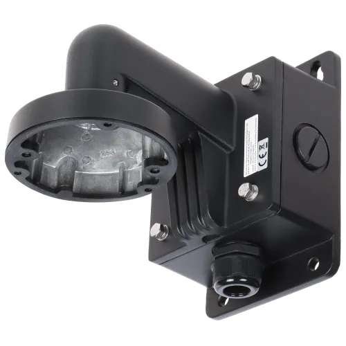 Czarny uchwyt kamery Hikvision DS-1272ZJ-110B z metalową konstrukcją i otworami montażowymi. Widoczne są śruby mocujące oraz złącze kablowe.