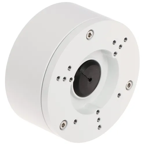 Biały, cylindryczny uchwyt kamery z kilkoma otworami montażowymi i centralnym otworem na przewody. Uchwyt wykonany jest z metalu i ma gładką powierzchnię.