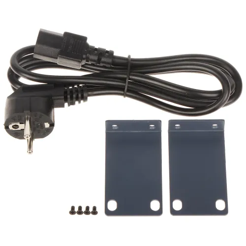 Na zdjęciu znajduje się czarny kabel zasilający z wtyczką oraz dwa metalowe uchwyty montażowe w kolorze ciemnoszarym. Obok uchwytów leżą cztery małe śruby montażowe.