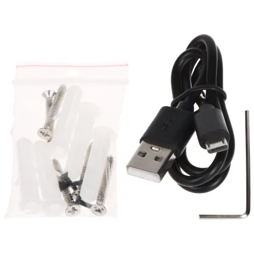 Zestaw zawiera kabel USB z końcówką micro USB, klucz imbusowy oraz zestaw śrub i kołków montażowych w plastikowej torebce. Elementy te są przeznaczone do montażu i podłączenia urządzeń elektronicznych.