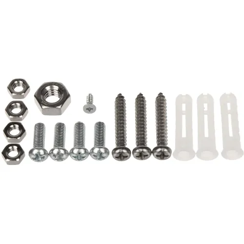 Na zdjęciu znajduje się zestaw elementów montażowych, w tym śruby, nakrętki, wkręty i kołki rozporowe. Elementy są ułożone w rzędzie na białym tle.