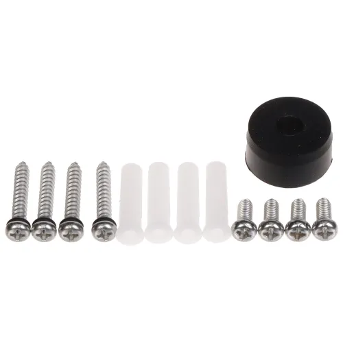Na zdjęciu znajduje się zestaw montażowy składający się z sześciu srebrnych śrub, czterech białych tulejek dystansowych oraz czarnej gumowej podkładki. Elementy są ułożone w dwóch rzędach na białym tle.