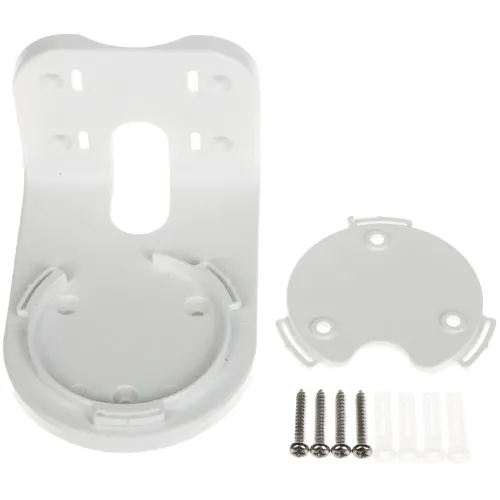 Biały uchwyt montażowy z okrągłym elementem oraz zestawem śrub i kołków rozporowych. Przeznaczony do instalacji na ścianie, z otworami na śruby i miejscem na okrągły element.