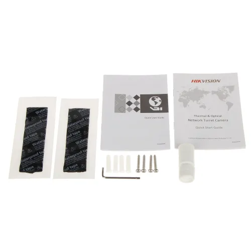 Zestaw zawiera instrukcje obsługi, dwie czarne taśmy wodoodporne, klucz imbusowy, cztery kołki rozporowe, cztery śruby oraz plastikowy pojemnik. Wszystkie elementy są ułożone na białym tle.