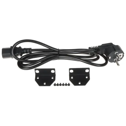 Na zdjęciu znajduje się czarny kabel zasilający z wtyczką oraz dwie czarne metalowe uchwyty montażowe z sześcioma śrubkami. Kabel jest zwinięty, a uchwyty i śrubki są ułożone poniżej.