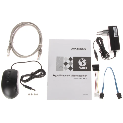 Zestaw zawiera rejestrator cyfrowy/sieciowy Hikvision z instrukcją obsługi, myszką, zasilaczem, kablem sieciowym oraz dodatkowymi przewodami i śrubkami montażowymi. Produkty są rozłożone na białym tle, co ułatwia ich identyfikację.
