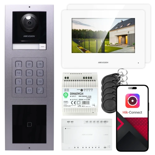 Hikvision 2 laidų vaizdo domofonas 2x monitorius DS-KH6320Y-WTE2 baltas, paviršinis skydelis, klaviatūra, skaitytuvas