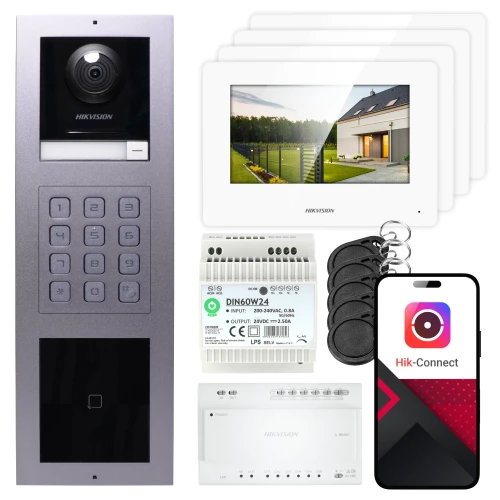 Hikvision 2 laidų vaizdo domofonas 3x monitorius DS-KH6320Y-WTE2 baltas, paviršinis skydelis, klaviatūra, skaitytuvas