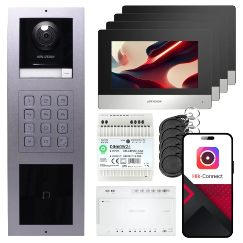 2 laidų vaizdo domofonas Hikvision 4x monitorius DS-KH6320Y-WTE2 juodas, įmontuojamas skydelis, klaviatūra, skaitytuvas