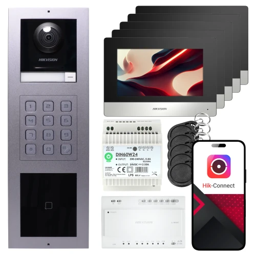 Dviejų laidų vaizdo domofonas Hikvision 5x monitorius DS-KH6320Y-WTE2 juodas, įmontuojamas skydelis, klaviatūra, skaitytuvas