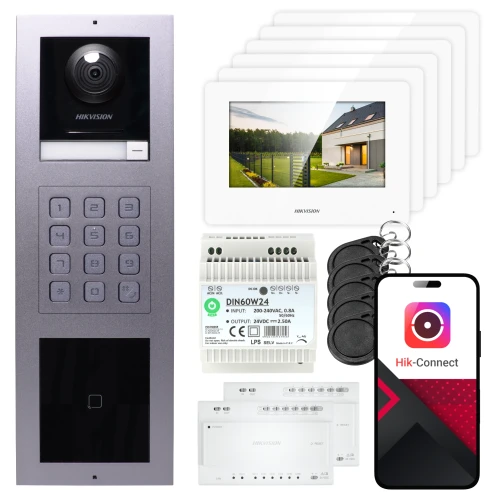 Hikvision 2 laidų vaizdo domofonas 6x monitorius DS-KH6320Y-WTE2 baltas, paviršinis skydelis, klaviatūra, skaitytuvas