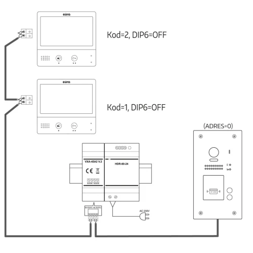 EURA VDP-71A5/P "2EASY" vaizdo durų telefonas - dviejų šeimų, 2x LCD 7", baltas, artimojo ryšio skaitytuvas Unique 125 kHz, įmontuotas'.