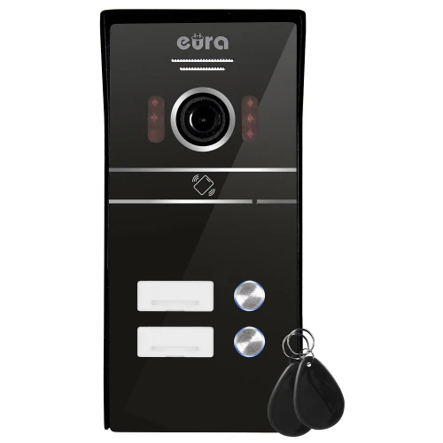 EURA VDP-80C5 vaizdo durų telefonas - dviejų šeimų, juodas, 2x LCD 7'', FHD, palaiko 2 įėjimus, 1080p. kamera, RFID skaitytuvas, paviršinis