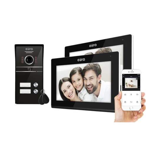 EURA VDP-82C5 vaizdo durų telefonas - dviejų šeimų juodas 2x LCD 7'' FHD palaiko 2 įėjimus, 1080p kamera, RFID skaitytuvas, paviršinis montavimas