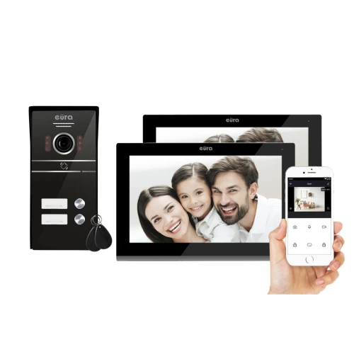 EURA VDP-82C5 vaizdo durų telefonas - dviejų šeimų juodas 2x LCD 7'' FHD palaiko 2 įėjimus, 1080p kamera, RFID skaitytuvas, paviršinis montavimas