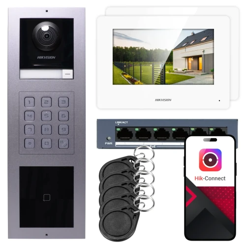 IP vaizdo domofonas Hikvision 2x monitorius DS-KH6320-WTE1-W, potinkinis, skydelis, klaviatūra, skaitytuvas
