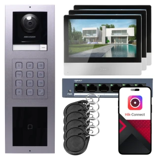 IP vaizdo domofonas Hikvision 3x monitorius DS-KH8350-WTE1, įmontuojamas, skydelis, klaviatūra, skaitytuvas