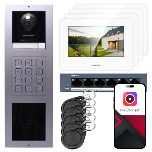 IP vaizdo domofonas Hikvision 4x monitorius DS-KH6320-WTE1-W, įmontuojamas, skydelis, klaviatūra, skaitytuvas
