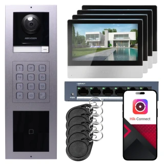 IP vaizdo domofonas Hikvision 4x monitorius DS-KH8350-WTE1, įmontuojamas, skydelis, klaviatūra, skaitytuvas
