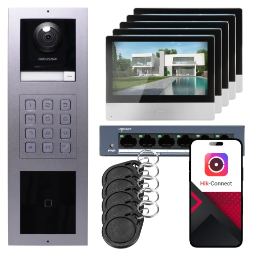IP vaizdo domofonas Hikvision 5x monitorius DS-KH8350-WTE1, paviršinis, skydelis, klaviatūra, skaitytuvas