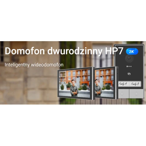Platus vaizdo domofonas EZVIZ HP7 dviejų šeimų, 2 laidų, WiFi, 2 monitoriai, skaitytuvas