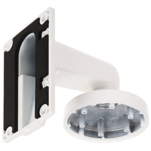 Uchwyt montażowy do kamery w kolorze białym, widoczny od strony mocowania do ściany. Posiada prostokątną podstawę z otworami na śruby oraz okrągłą część na kamerę.