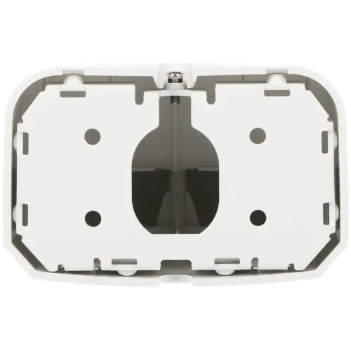 Zdjęcie przedstawia biały uchwyt montażowy do ściany z kilkoma otworami na śruby. Uchwyt ma prostokątny kształt z zaokrąglonymi rogami i centralnym otworem.