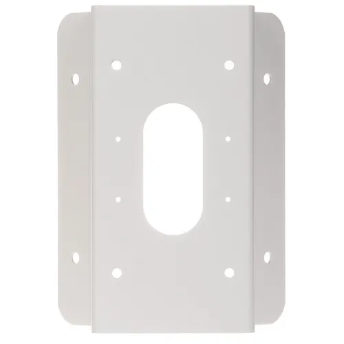 Biały, prostokątny uchwyt montażowy z owalnym otworem pośrodku i kilkoma mniejszymi otworami wokół. Uchwyt ma zaokrąglone krawędzie i jest przeznaczony do mocowania kamery.