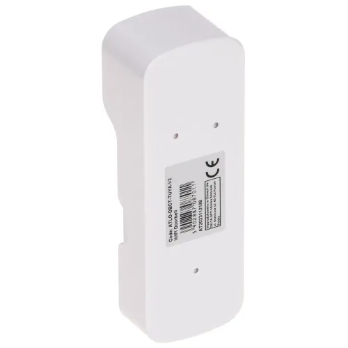 Biały, prostokątny moduł elektroniczny z zaokrąglonymi krawędziami, widoczny od strony mocowania. Na środku znajduje się etykieta z kodem kreskowym i informacjami technicznymi.