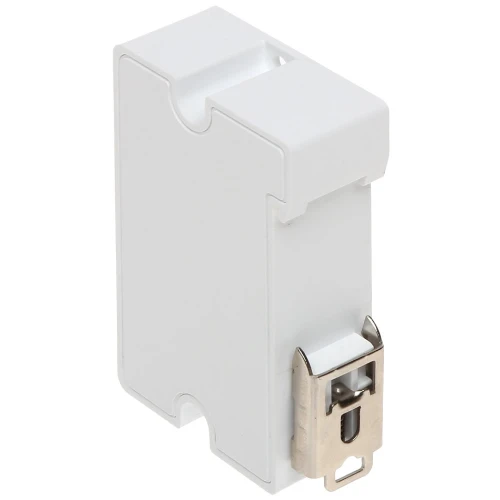 Biały moduł elektryczny z metalowym mocowaniem widoczny z boku. Produkt ma prostokątny kształt z wycięciami na krawędziach i metalowym klipsem na dole.