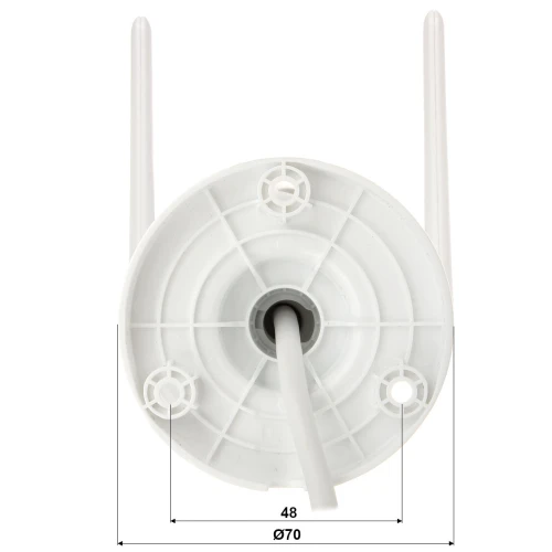 Biały, okrągły uchwyt montażowy z trzema otworami na śruby i wystającym kablem, widziany od strony mocowania. Produkt posiada oznaczenia wymiarów: średnica 70 mm i odległość między otworami 48 mm.
