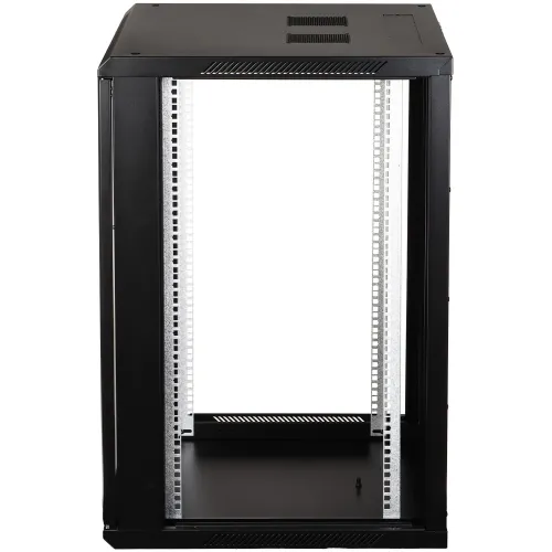 Czarna, metalowa szafka serwerowa bez zamontowanych bocznych ścian i tylnej pokrywy, widoczna z boku. Konstrukcja ma otwartą przestrzeń wewnętrzną z pionowymi szynami montażowymi.