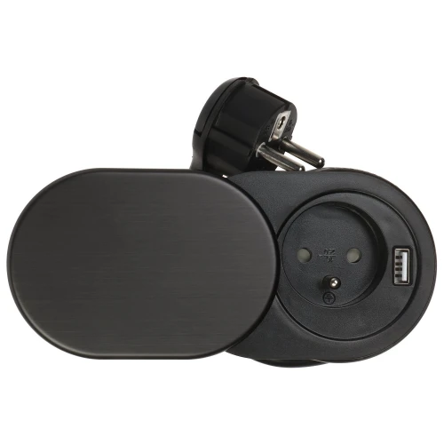 Czarna, podwójna wtyczka elektryczna z jednym gniazdem USB widziana z góry. Wtyczka ma nowoczesny, minimalistyczny design.