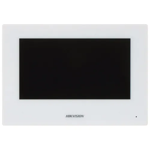 Na zdjęciu widoczny jest biały, prostokątny monitor z dużym czarnym ekranem, marki Hikvision. Monitor ma minimalistyczny design z logo umieszczonym poniżej ekranu.