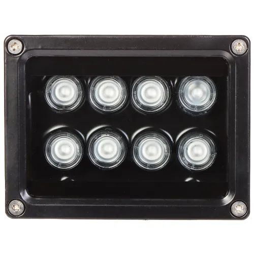 Zdjęcie przedstawia prostokątną lampę LED z ośmioma okrągłymi diodami umieszczonymi w dwóch rzędach. Obudowa lampy jest czarna, a w rogach znajdują się cztery srebrne śruby.