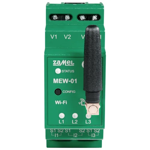 Zielone urządzenie elektryczne z anteną, oznaczone jako Zamel MEW-01, posiadające złącza i wskaźniki LED na przednim panelu. Widoczne są oznaczenia takie jak V1, V2, Wi-Fi oraz przyciski konfiguracyjne.