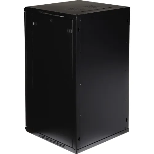 Czarna, metalowa szafa serwerowa widziana z tyłu, z solidną konstrukcją i wentylacją na górze. Szafa ma prosty, minimalistyczny design z gładkimi panelami bocznymi.