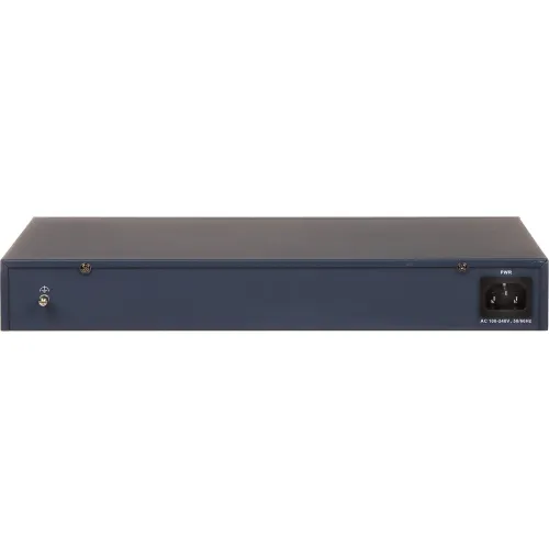 Zdjęcie przedstawia tylną część urządzenia elektronicznego w obudowie rackowej, w kolorze ciemnoniebieskim. Widoczne są złącza zasilania oraz kilka śrub montażowych.