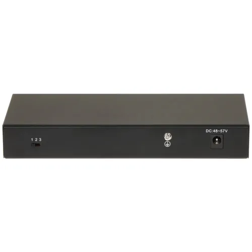 Czarny, prostokątny sprzęt elektroniczny z trzema numerowanymi portami po lewej stronie oraz gniazdem zasilania po prawej. Na środku znajduje się metalowy przycisk lub złącze.