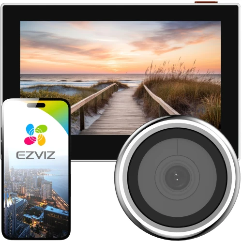 Zdjęcie przedstawia elektroniczny wizjer drzwiowy z okrągłą kamerą oraz ekranem wyświetlającym widok na plażę o zachodzie słońca. Obok znajduje się smartfon z logo EZVIZ i zdjęciem miasta nocą.
