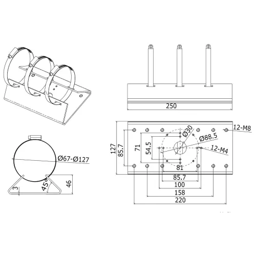 Schemat przedstawia wymiary montażowe uchwytu z trzema okrągłymi obejmami, pokazując szczegółowe wymiary i rozmieszczenie otworów montażowych. Widoczne są rzuty z różnych perspektyw, w tym z przodu, z boku i z góry, z oznaczeniami wymiarów w milimetrach.