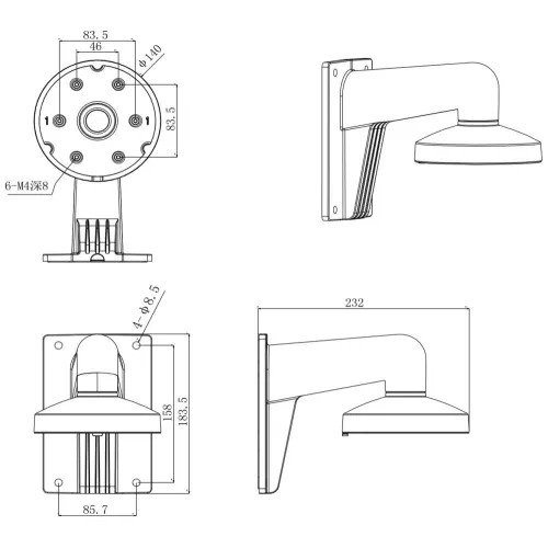 Schemat techniczny uchwytu ściennego z trzema widokami: z przodu, z boku i z góry, z podanymi szczegółowymi wymiarami w milimetrach. Rysunek zawiera oznaczenia otworów montażowych oraz długości poszczególnych elementów.