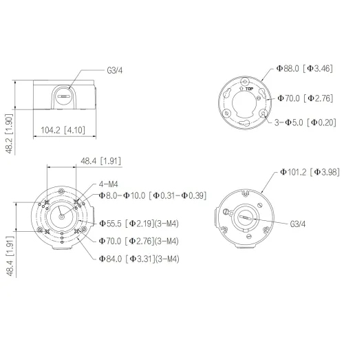Schemat przedstawia wymiary i specyfikacje techniczne okrągłego urządzenia z oznaczeniami otworów montażowych i gwintów. Widoczne są trzy widoki: z boku, z góry i z dołu, z podanymi szczegółowymi wymiarami w milimetrach i calach.